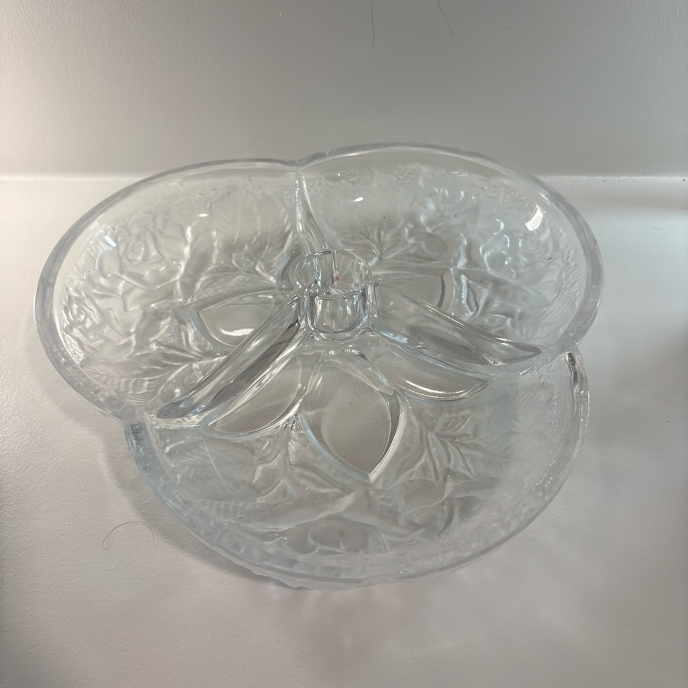 VTG William Adams Frosted Rose Lead Crystal Trio Relish/Candy Dish
